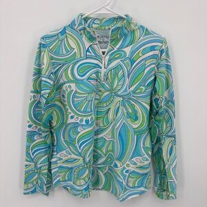 Icikuls Sun Shirt Womens Medium Blue Green Paisley 1/4 Zip Mesh Vent Excellent